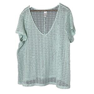 Avon mint green boho Crocheted V Neck Short Sleeve Blouse 3x Sheer Beachy